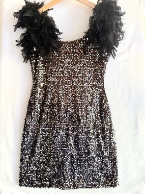 Odette Christiane Sequin Feather Cocktail Dress Open Back Black L